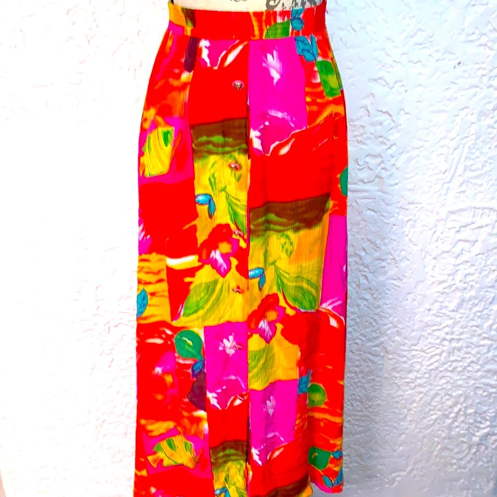 🌈Vintage Bright Rainbow Tropical Print Midi Skirt